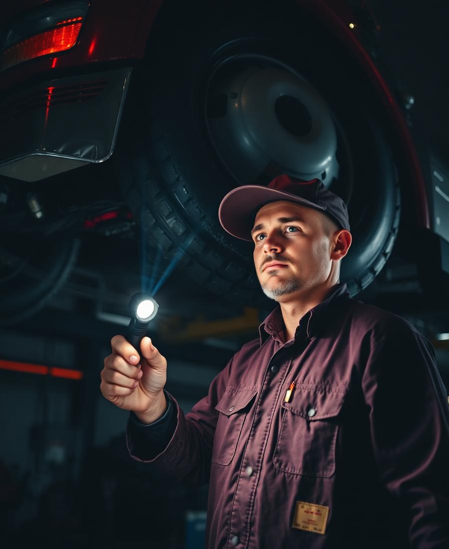 Certified diesel mechanic inspecting a lifted truck